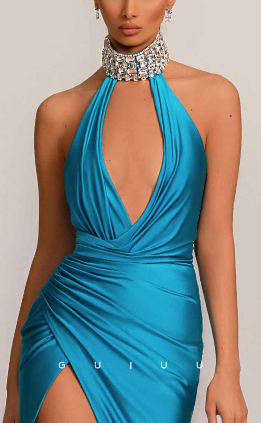 G3098 - Chic & Modern Beaded Halter High Neck Blue Pleats Long Formal Prom Dress