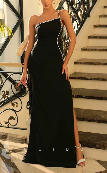 G3100 - Chic & Modern One Shoulder Beaded Satin Long Formal Prom Dress