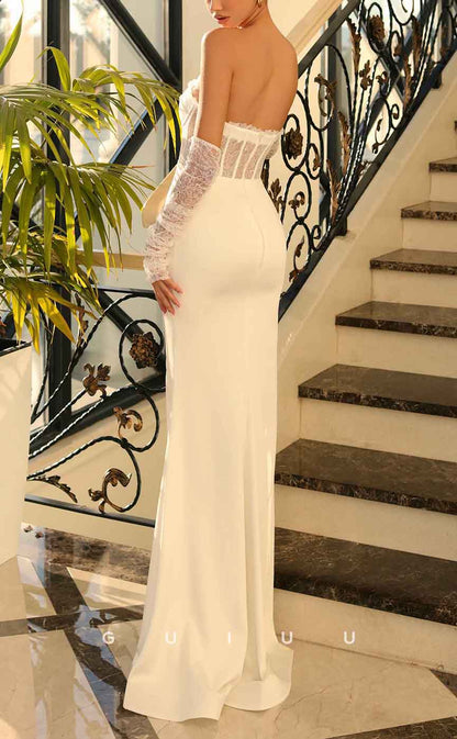 G3104 - Elegant & Classic Strapless Lace Sheer Satin Long Formal Prom Dress With Gloves