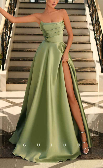 G3112 - Classic & Elegant Strapless Satin Long Formal Prom Dress With Slit