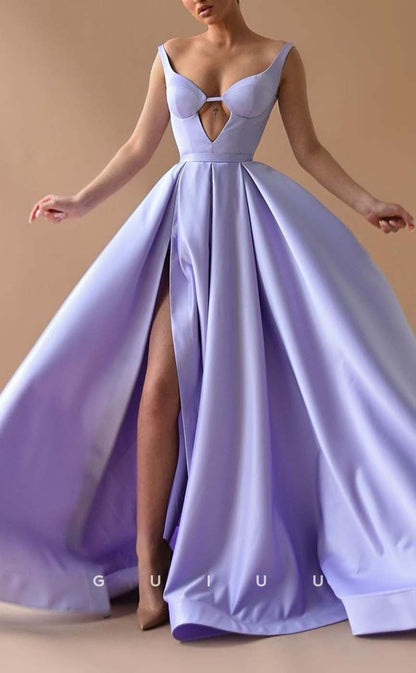 G3113 - A-Line Elegant & Luxurious Sweetheart Satin Lilac Long Formal Prom Dresses