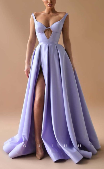 G3113 - A-Line Elegant & Luxurious Sweetheart Satin Lilac Long Formal Prom Dresses