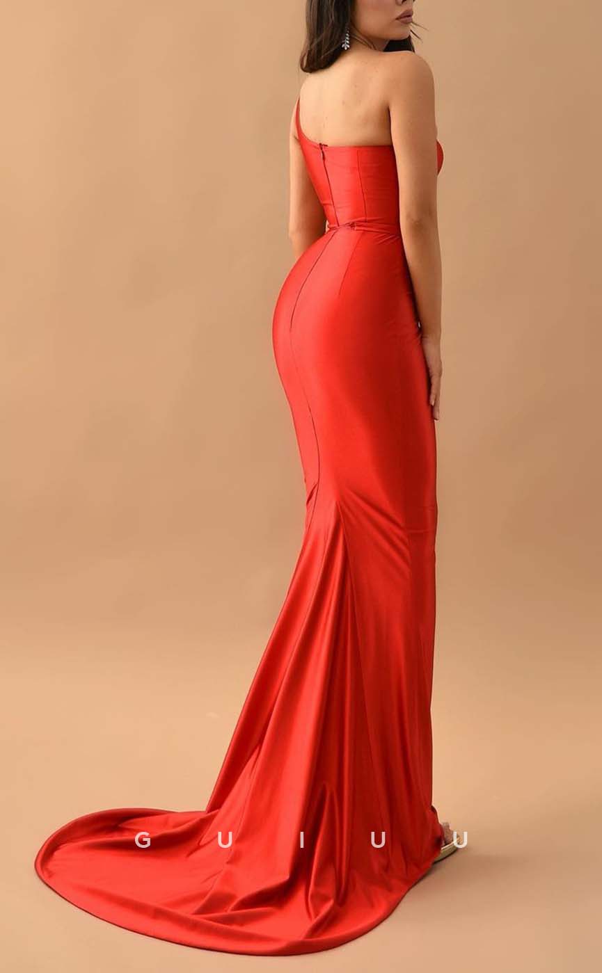 G3118 - Chic & Modern Sheath Satin Red One Shoulder Long Formal Prom Dresses