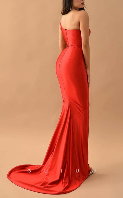 G3118 - Chic & Modern Sheath Satin Red One Shoulder Long Formal Prom Dresses