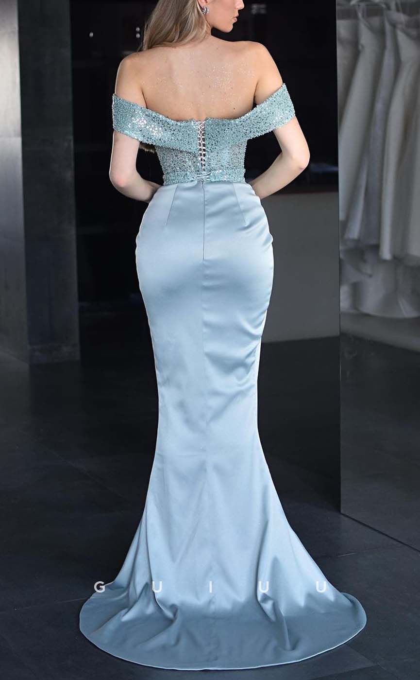 G3128 - Elegant & Luxurious Off-Shoulder Beaded Sequins Long Formal Prom Dresses