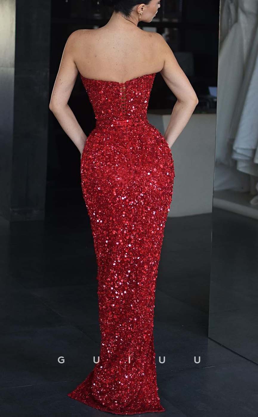 G3129 - Sparkly Sexy Strapless Sequins Long Formal Prom Dresses With Slit