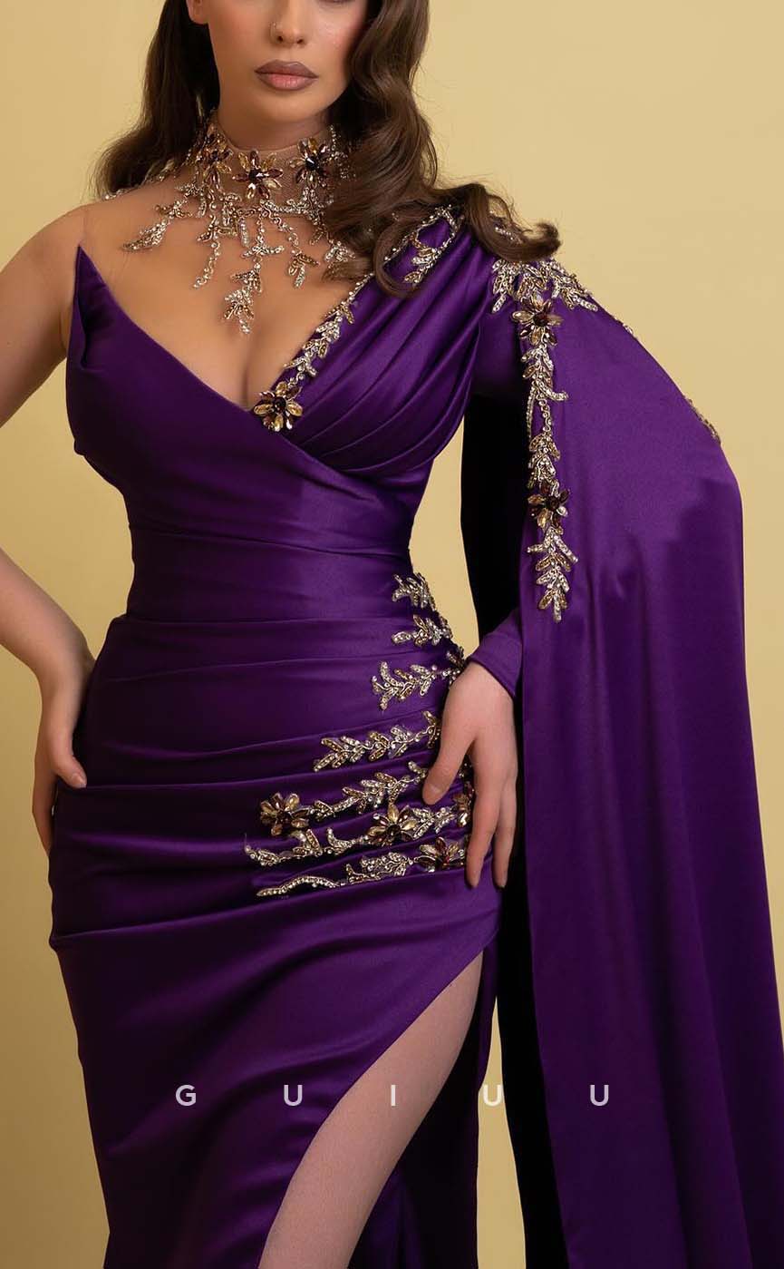 G3144 - Fitted One Shoulder Sequins Cap Sleeves Long Formal Prom Evening Dresses