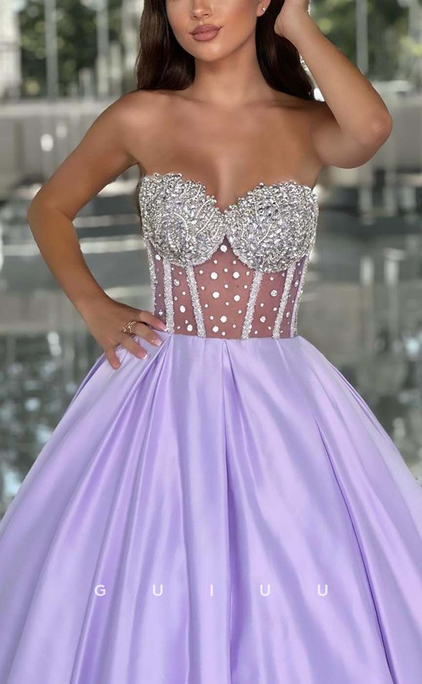 G3152 - Chic & Modern A-Line Strapless Beaded Satin Lilac Long Formal Prom Evening Dresses