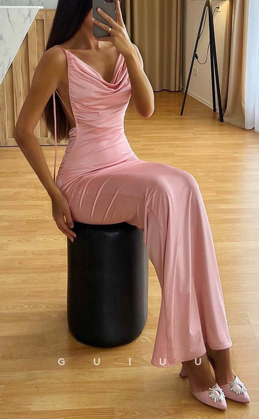 G3200 - Chic & Modern Sheath Straps Pleats Pink Long Formal Prom Dresses