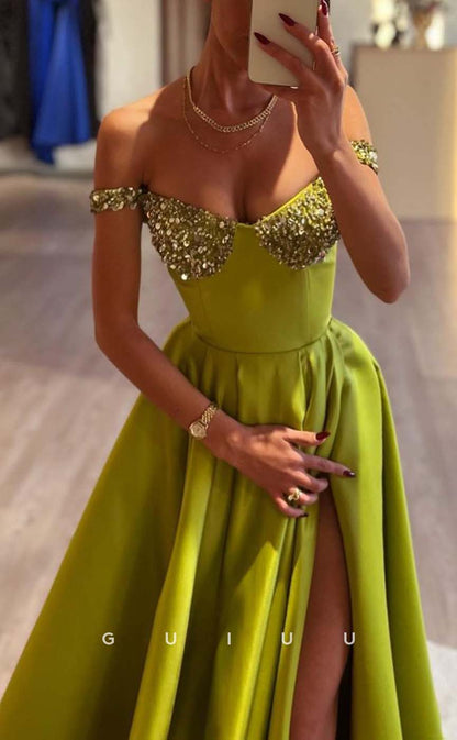 G3172 - A-Line Off-Shoulder Sweetheart Green Long Evening Prom Dresses