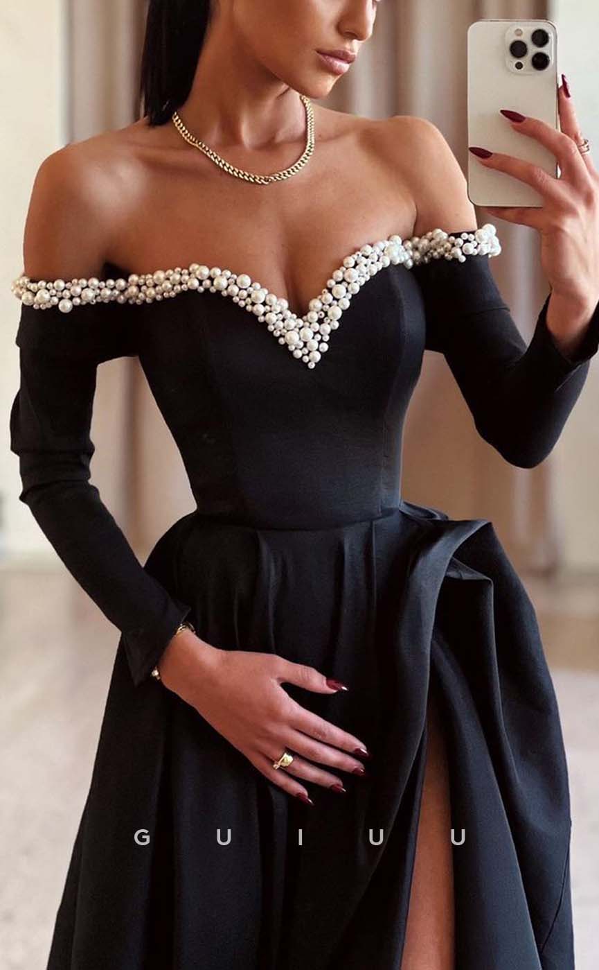 G3173 - A-Line Beaded Off-Shoulder Long Sleeves Formal Prom Dresses