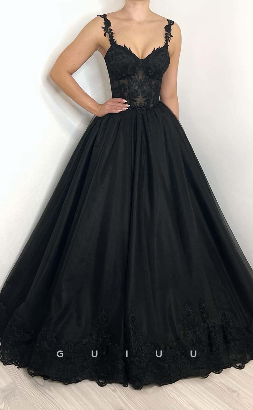 G3197 - Classic & Timeless Applique Straps Sheer Tulle Long Formal Prom Dresses