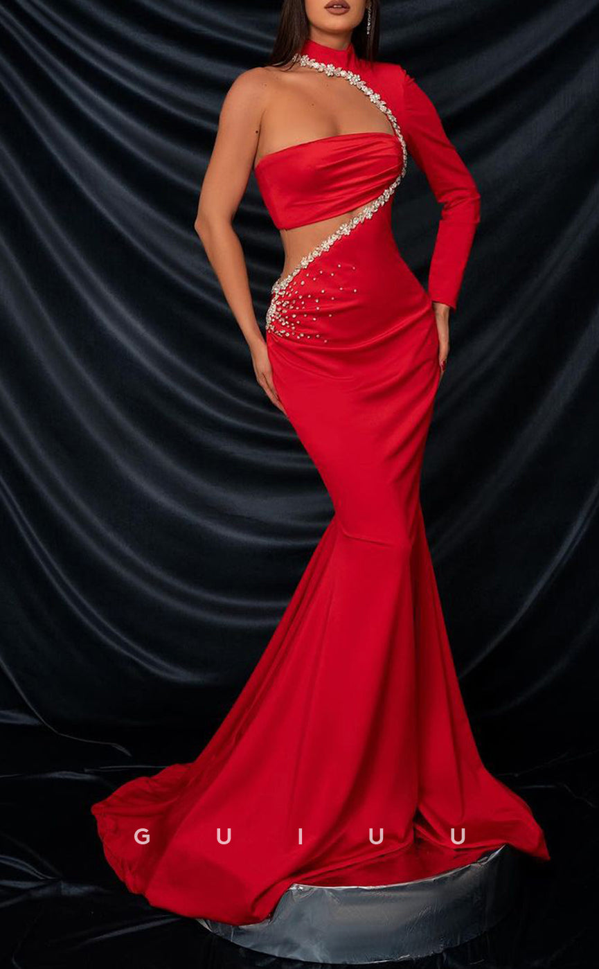 G3350 - Elegant & luxurious Sheath & Mermaid Sweep Train Strapless Halter One Shoulder Beaded Formal Evening Dress