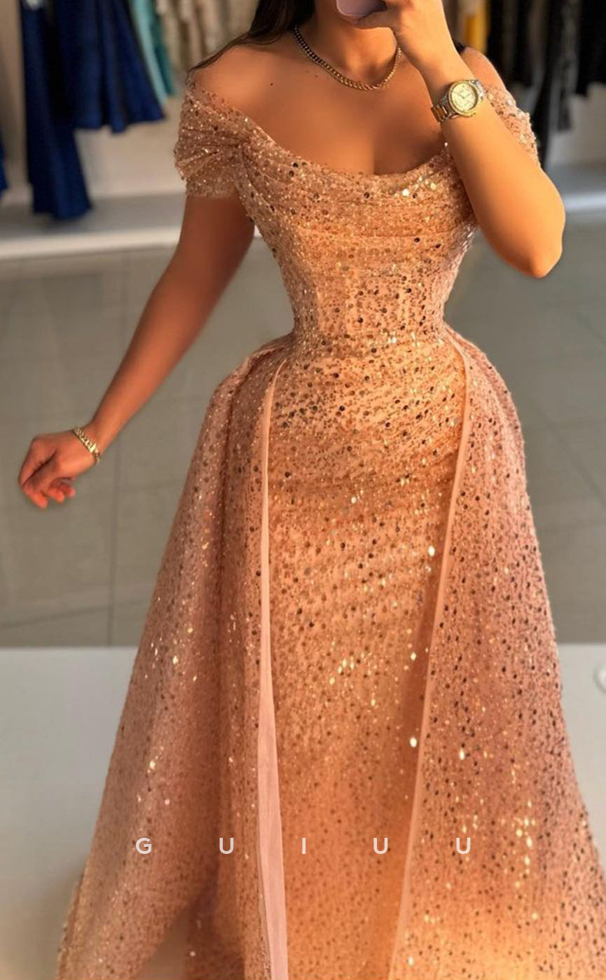 G3369 - Elegent & Luxurious Sheath Floor-Length Dress with Overskirt Off Shoulder Sequined & Beaded Formal Evening Gown Prom Dress