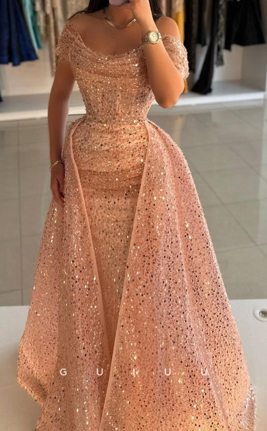 G3369 - Elegent & Luxurious Sheath Floor-Length Dress with Overskirt Off Shoulder Sequined & Beaded Formal Evening Gown Prom Dress