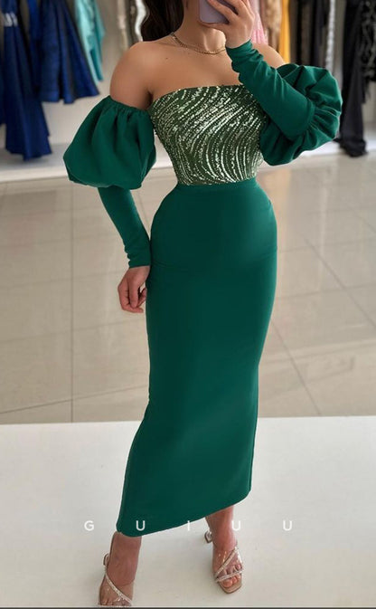 G3371 - Sexy & Hot Sheath Off Shoulder Puff Sleeves Gown Sequined Ankle-Length Evening Gown Prom Dress