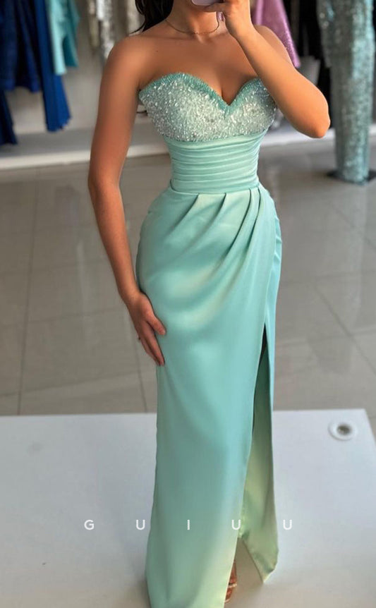 G3372 - Sexy & Classic Sheath Sweetheart Draped Beaded Side Slit Formal Gown Prom Dress