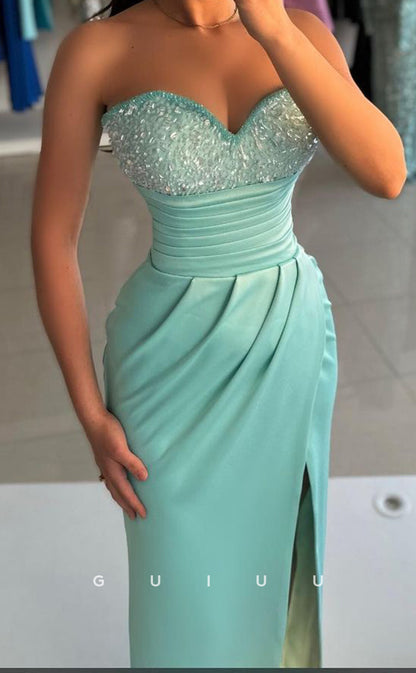 G3372 - Sexy & Classic Sheath Sweetheart Draped Beaded Side Slit Formal Gown Prom Dress