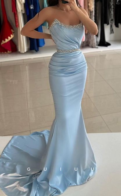 G3377 - Elegant & Dramatic Sheath Sweep Train Draped Beaded Ball Gown Prom Dress