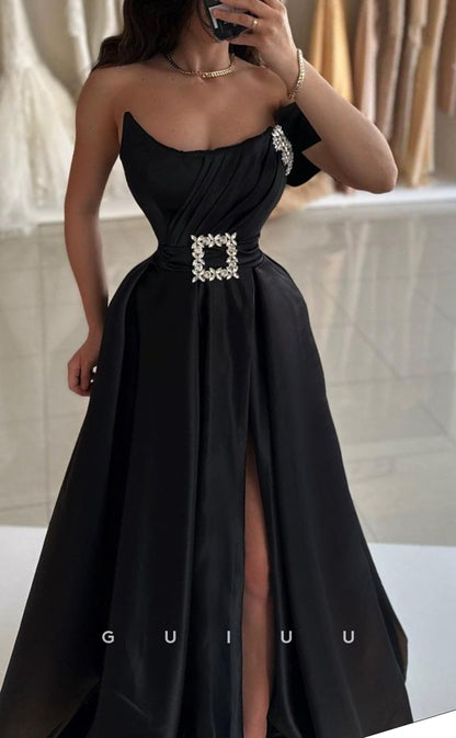 G3379 - Elegant & Luxurious A-Line One Shoulder Beaded Slit Evening Party Prom Dress