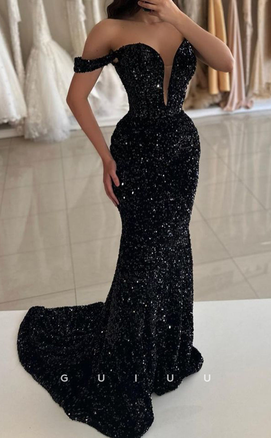 G3381 - Sexy & Hot Sheath & Mermaid Off Shoulder Plunging Neck Sequined Sweep Train Evening Party Gown Prom Dress