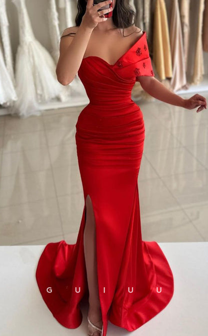 G3383 - Sexy & Hot Sheath & Mermaid One Shoulder Sweetheart Side Slit Sweep Train Ball Gown Prom Dress