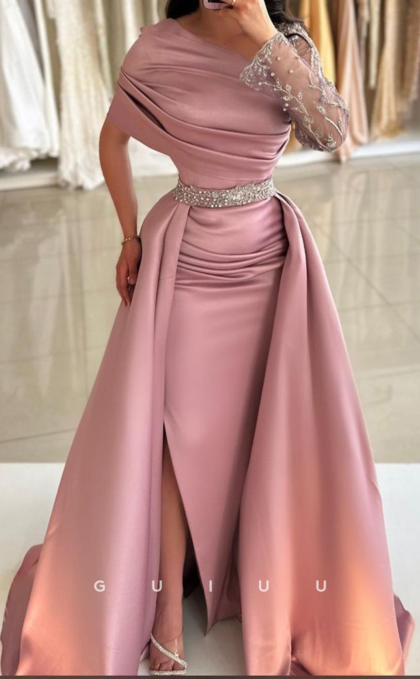 G3385 - Elegant & Luxurious Asymmetrical Neckline Overskirt Gown High Side Slit Beaded Lace Formal Party Prom Dress