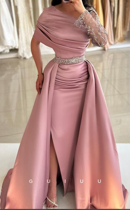 G3385 - Elegant & Luxurious Asymmetrical Neckline Overskirt Gown High Side Slit Beaded Lace Formal Party Prom Dress