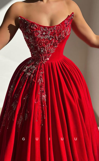 G3403 - Chic & Modern A-Line Strapless Beaded Draped Floor-Length Formal Party Prom Dress