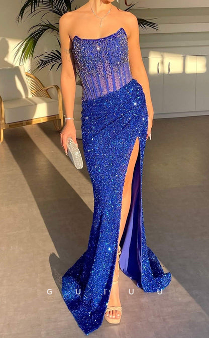 G3406 - Sexy & Hot Sheath Strapless Fully Beaded High Side Slit Floor-Length Evening Party Prom Dress