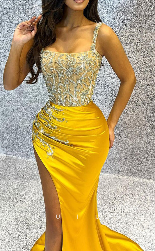 G3410 - Glamorous & Sexy Sheath & Trumpet Straps Fully Beaded High Side Slit Floor-Length Ball Gown Prom Dress