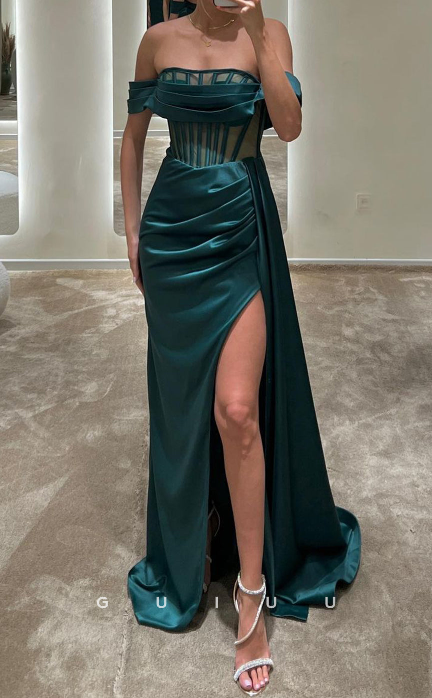 G3415 - Sexy & Chic Sheath Off Shoulder Illusion Cutout High Side Slit Floor-Length Ball Gown Prom Dress