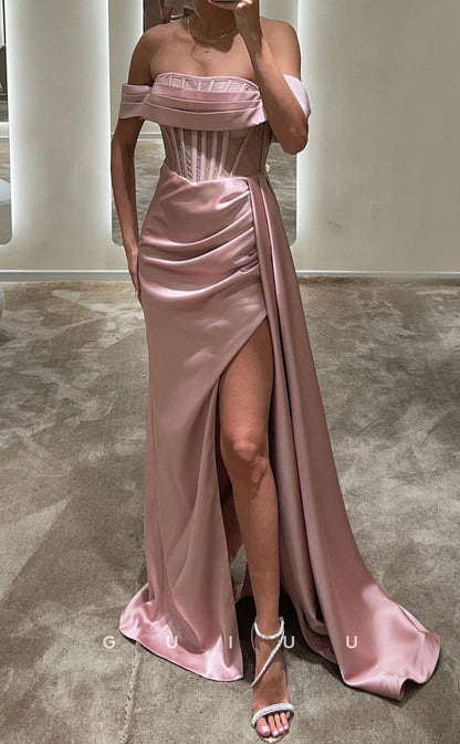 G3415 - Sexy & Chic Sheath Off Shoulder Illusion Cutout High Side Slit Floor-Length Ball Gown Prom Dress