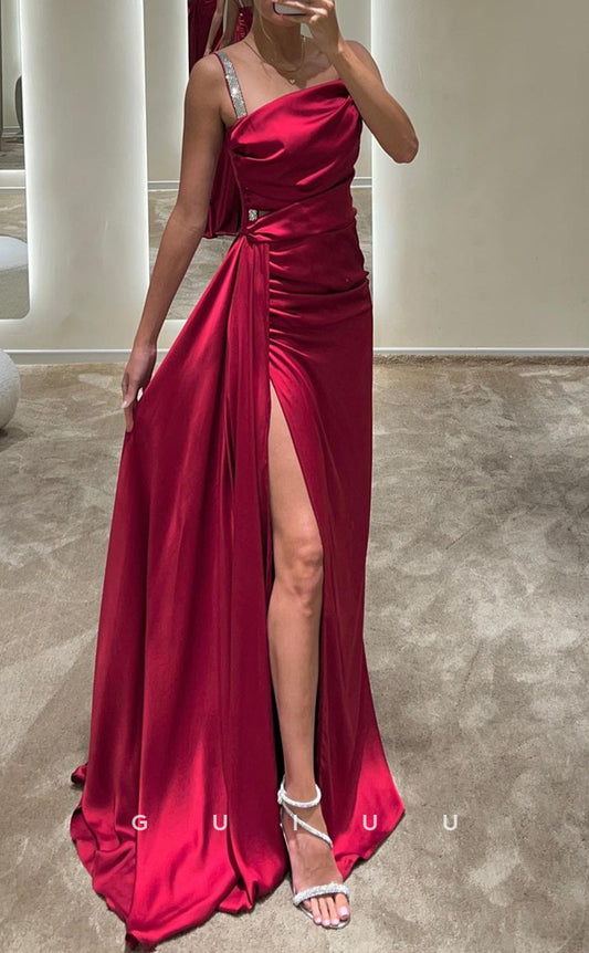 G3416 - Classic & Timeless Sheath Asymmetrical Straps Draped Sweep Train Beaded Ball Gown Prom Dress