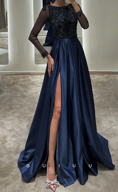 G3417 - Classic & Timeless A-Line Scalloped-Edge Long Sleeves Beaded Draped Floor-Length High Side Slit Formal Gown Prom Dress