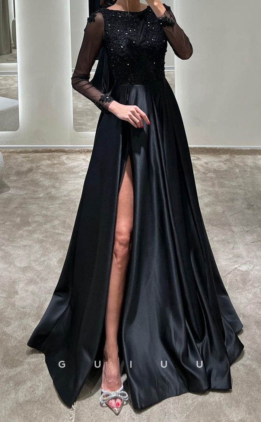 G3417 - Classic & Timeless A-Line Scalloped-Edge Long Sleeves Beaded Draped Floor-Length High Side Slit Formal Gown Prom Dress