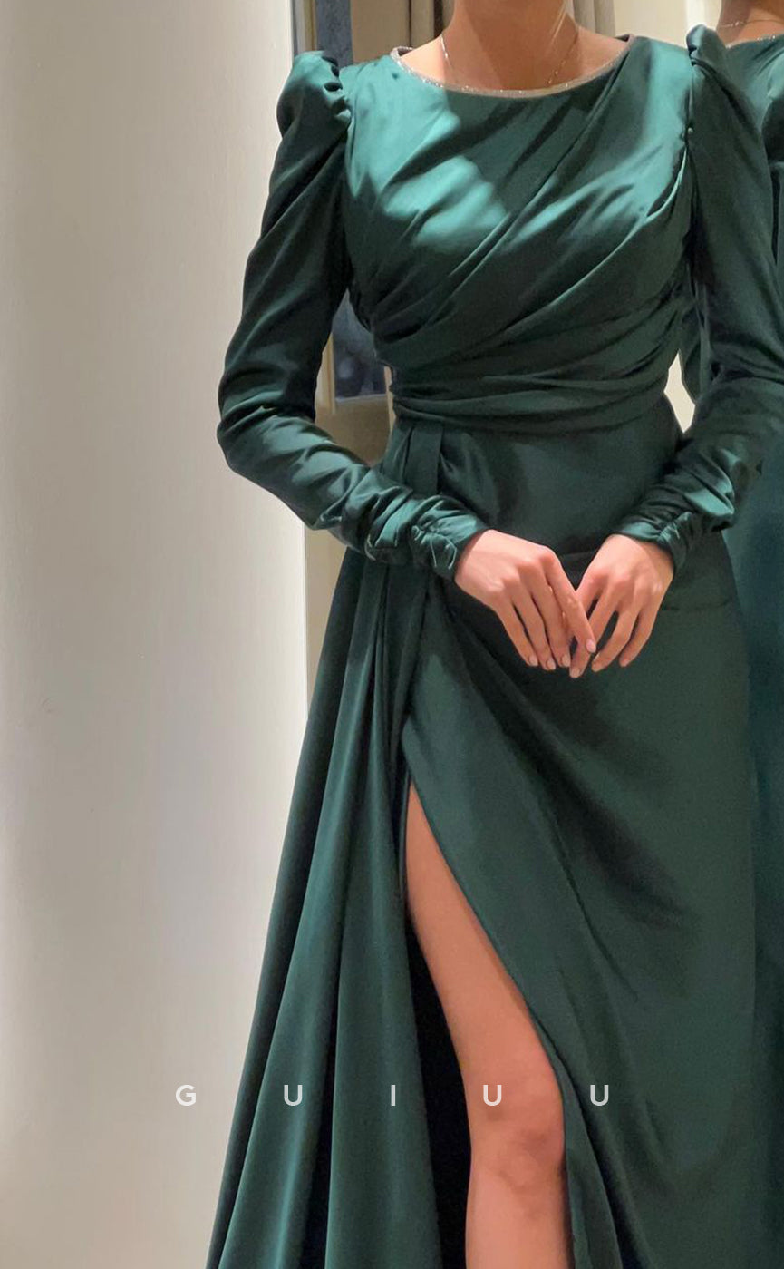 G3421 - Classic & Timeless Sheath Scalloped-Edge Long Sleeves High Side Slit Draped Lace-Up Formal Gown Prom Dress