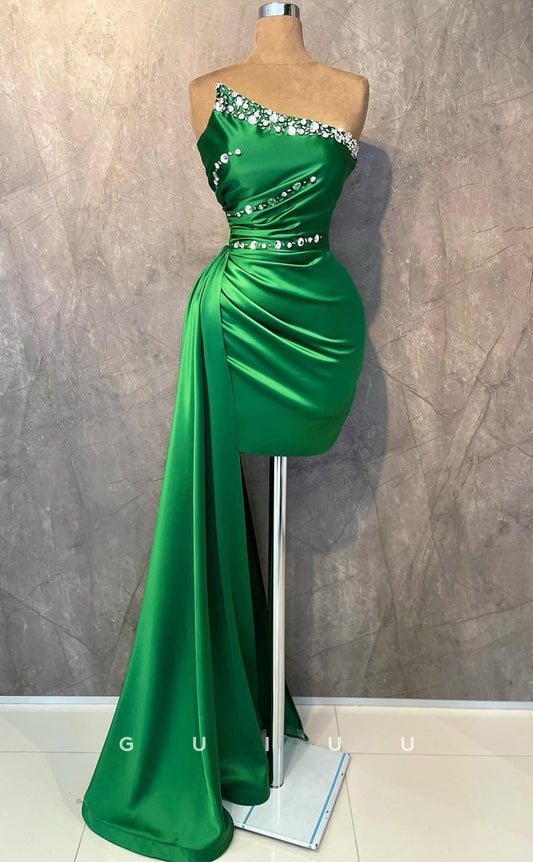 G3425 - Chic & Modern Sheath Asymmetrical Neckline Beaded Draped Short Party Prom Dress With Overskirt