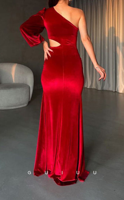 G3429 - Sexy & Hot Sheath One Shoulder Long Sleeves High Side Slit Draped Floor-Length Party Prom Dress