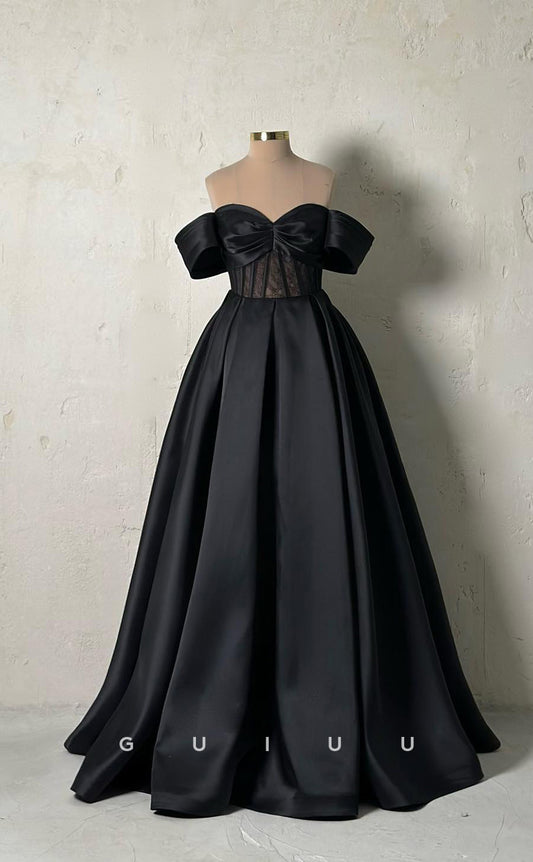 G3434 - Chic & Modern A-Line Sweetheart Off Shoulder Lace Draped Floor-Length Long Ballgown Prom Dress