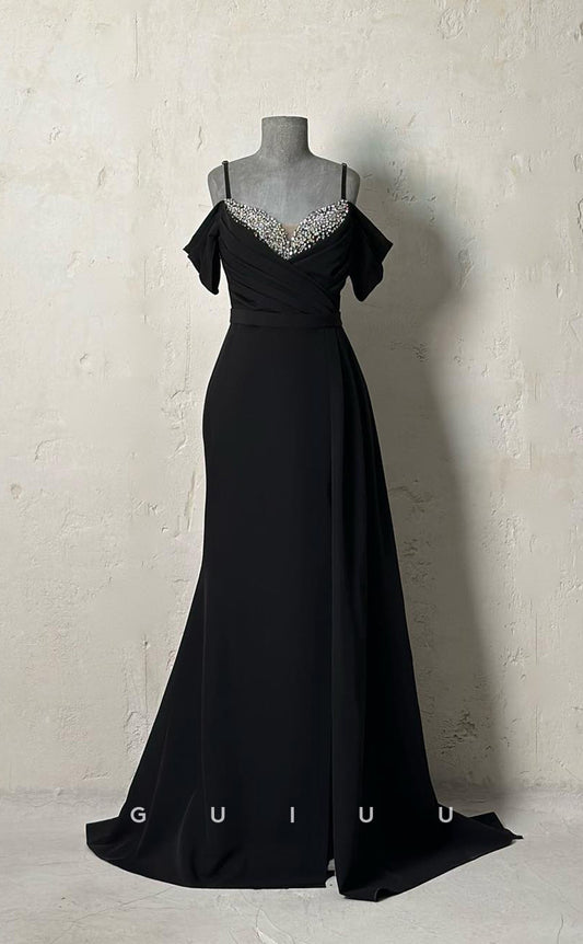 G3435 - Chic & Modern Sheath Straps Beaded Draped Floor-Length Long Party Gown Prom Dress