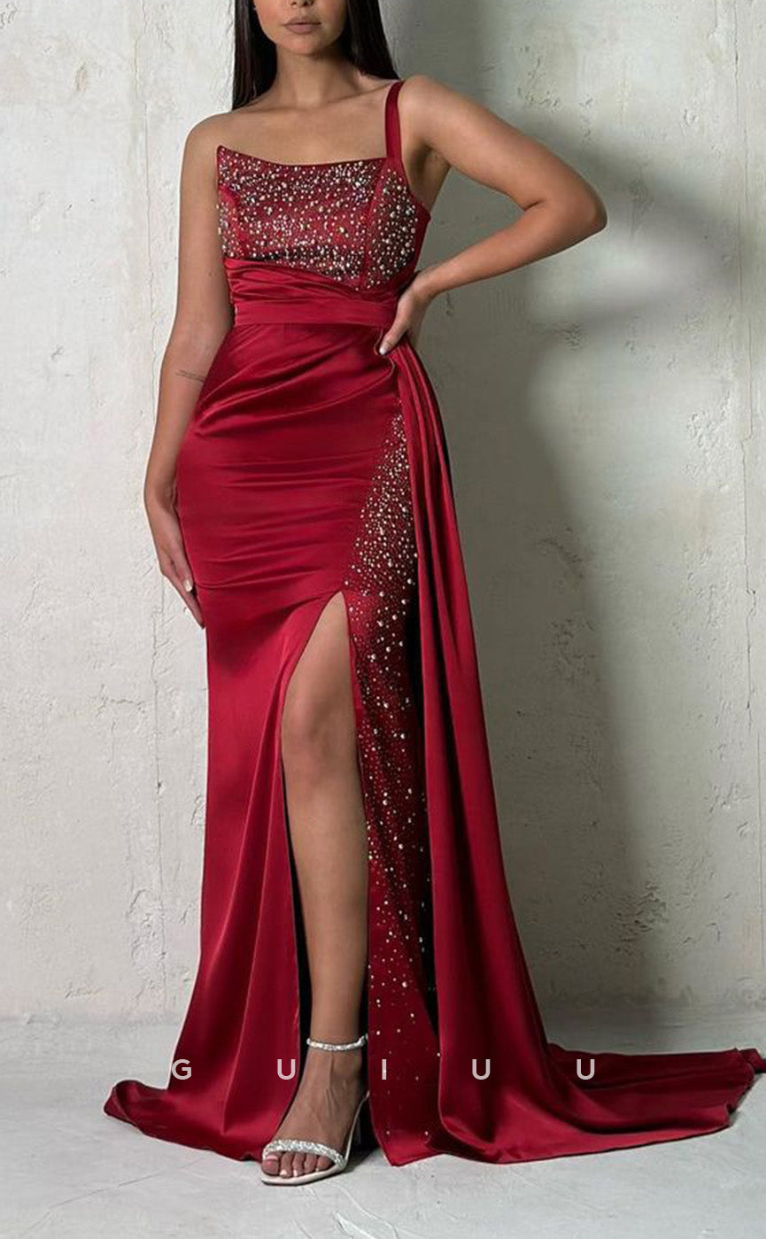 G3436 - Sexy& Hot Mermaid One Shoulder Beaded High Side Slit Sweep Train Draped Long Party Gown Prom Dress