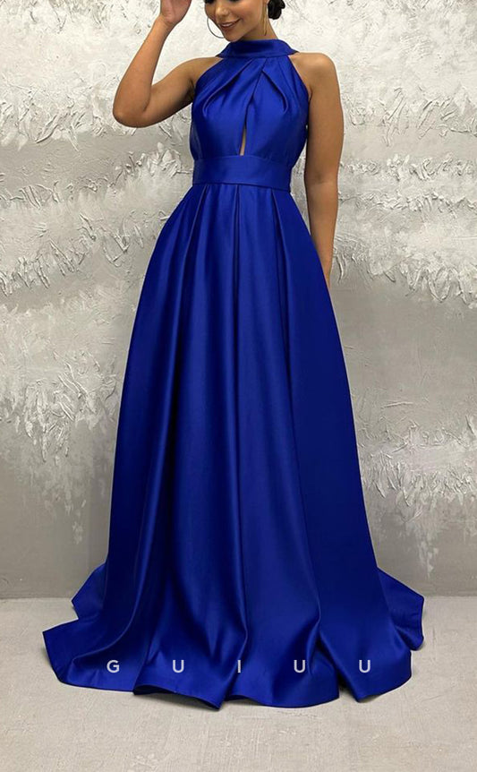 G3438 - Elegant & Timeless A-Line Halter Draped V-Back Floor-Length Long Evening Party Gown Prom Dress