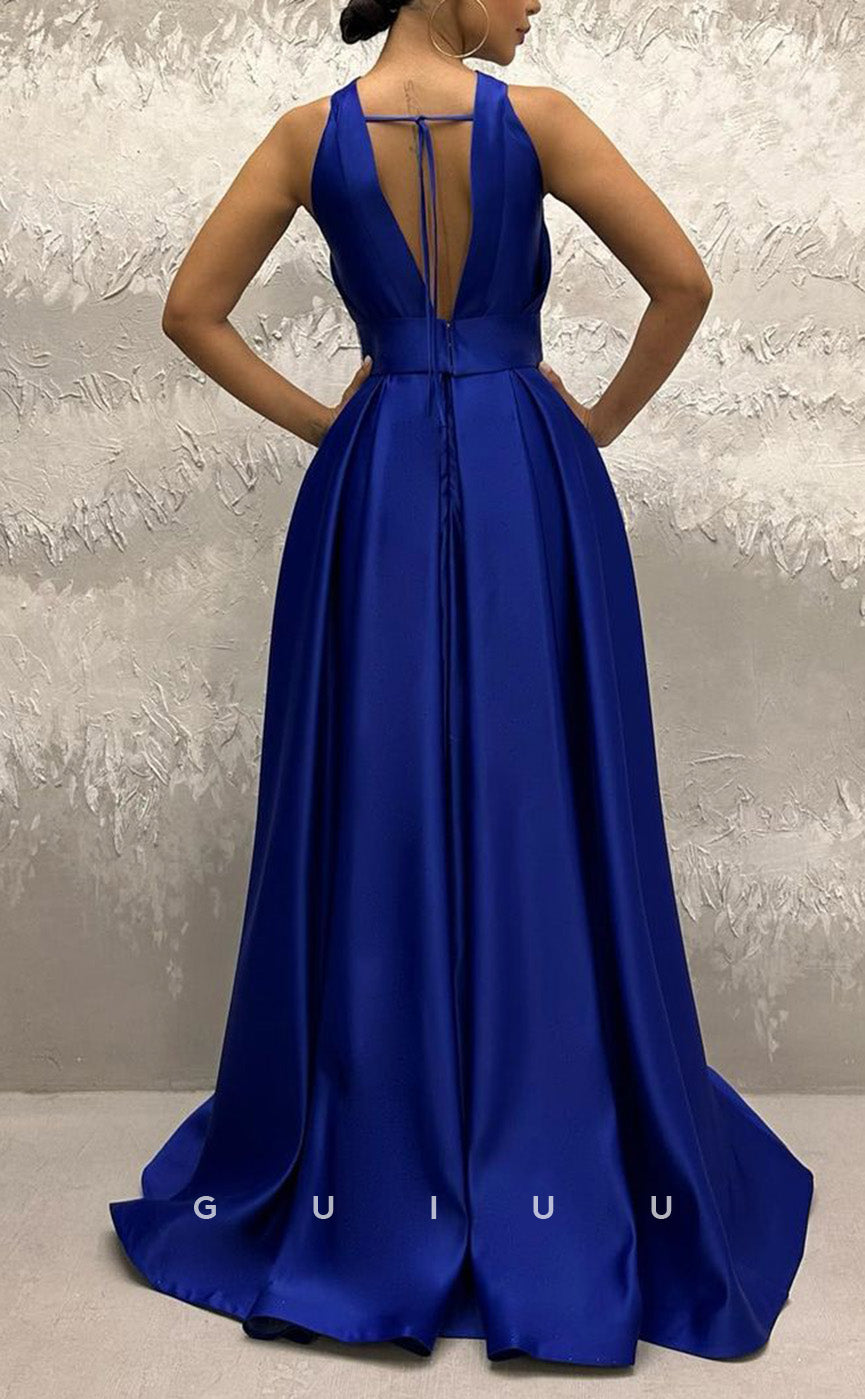 G3438 - Elegant & Timeless A-Line Halter Draped V-Back Floor-Length Long Evening Party Gown Prom Dress