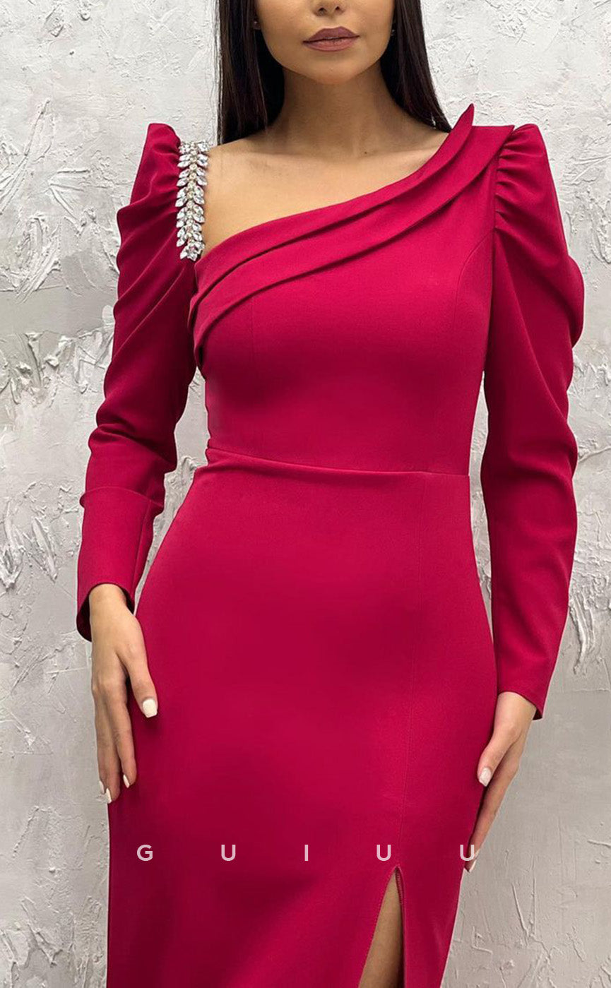 G3441 - Elegant & Timeless Sheath Asymmetrical Neckline Long Sleeves Beaded Draped High Side Slit With Sweep Train Long Ballgown Prom Dress