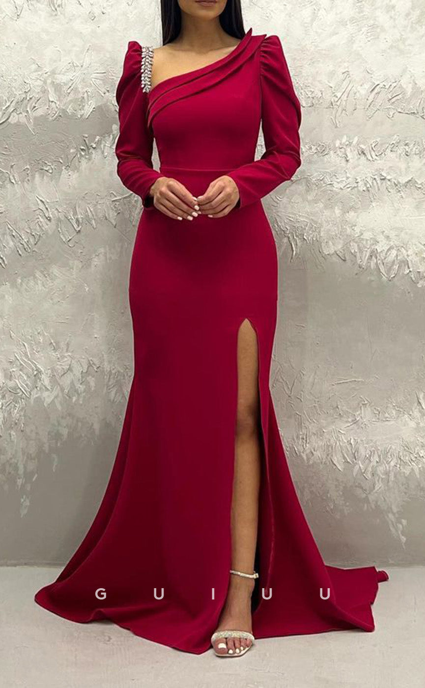 G3441 - Elegant & Timeless Sheath Asymmetrical Neckline Long Sleeves Beaded Draped High Side Slit With Sweep Train Long Ballgown Prom Dress