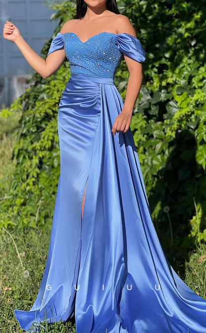 G3444 - Elegant & Timeless Sheath & Mermaid Sweetheart Off Shoulder Beaded High Side Slit Draped Sweep Train Long Party Gown Prom Dress