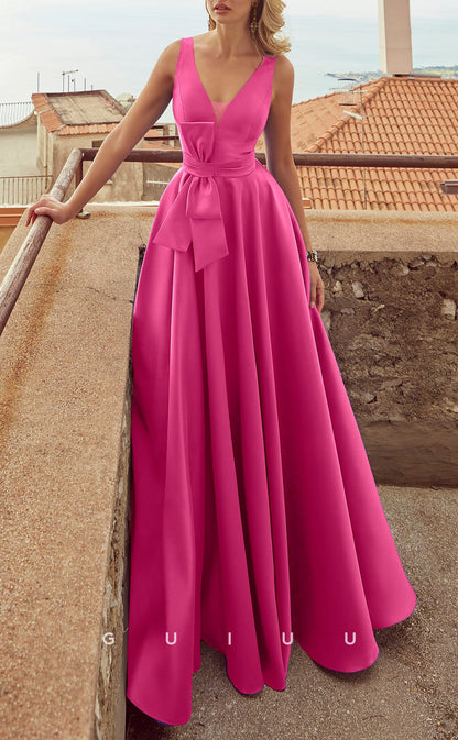 G3446 - Elegant & Timeless A-Line V-Neck Straps Bowknot Floor-Length Ballgown Prom Dress