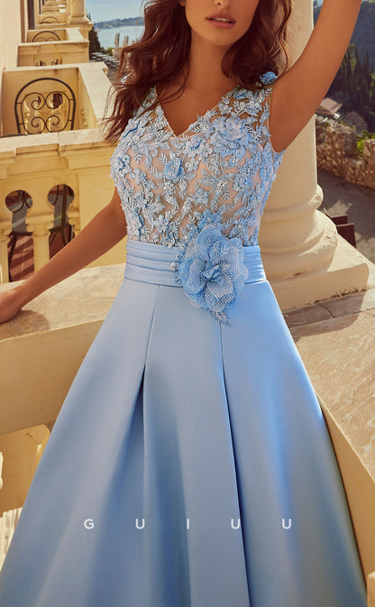 G3448 - Classic & Timeless A-Line V-Neck Beaded Floral Embossed Draped Ankle-Length Ballgown Prom Dress