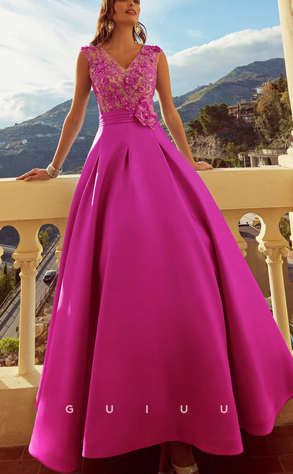 G3448 - Classic & Timeless A-Line V-Neck Beaded Floral Embossed Draped Ankle-Length Ballgown Prom Dress